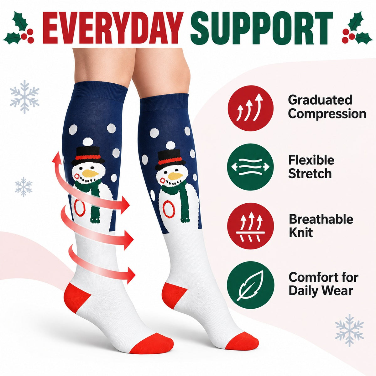 Regular Holiday Compression Socks 6 Pair Set - Christmas Combo 2 Penguin, Snowman and Stripe English everyday support explainer