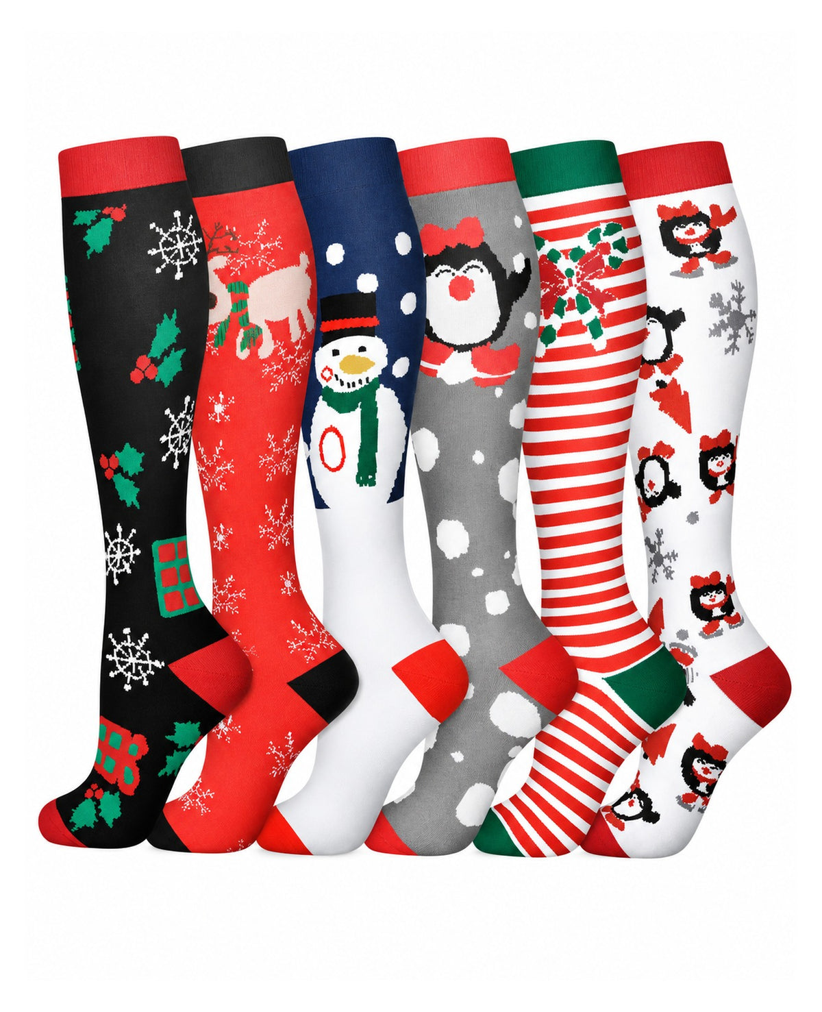 Regular Holiday Compression Socks 6 Pair Set - Christmas Combo 2 Penguin, Snowman and Stripe hero