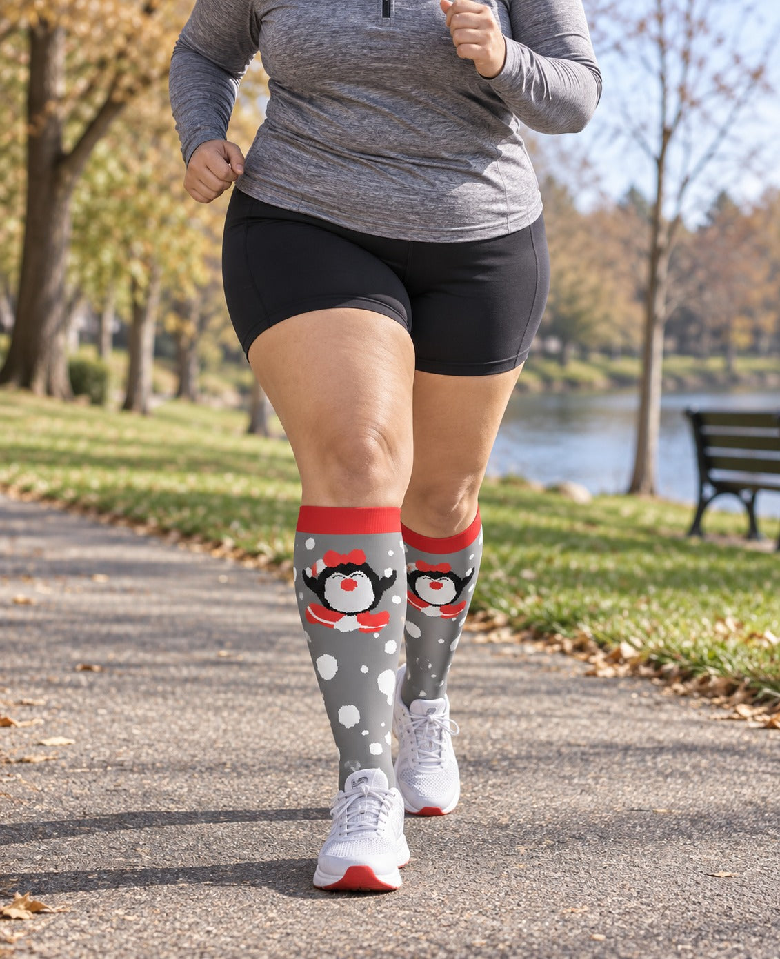 Regular Holiday Compression Socks 6 Pair Set - Christmas Combo 2 Penguin, Snowman and Stripe female running scene