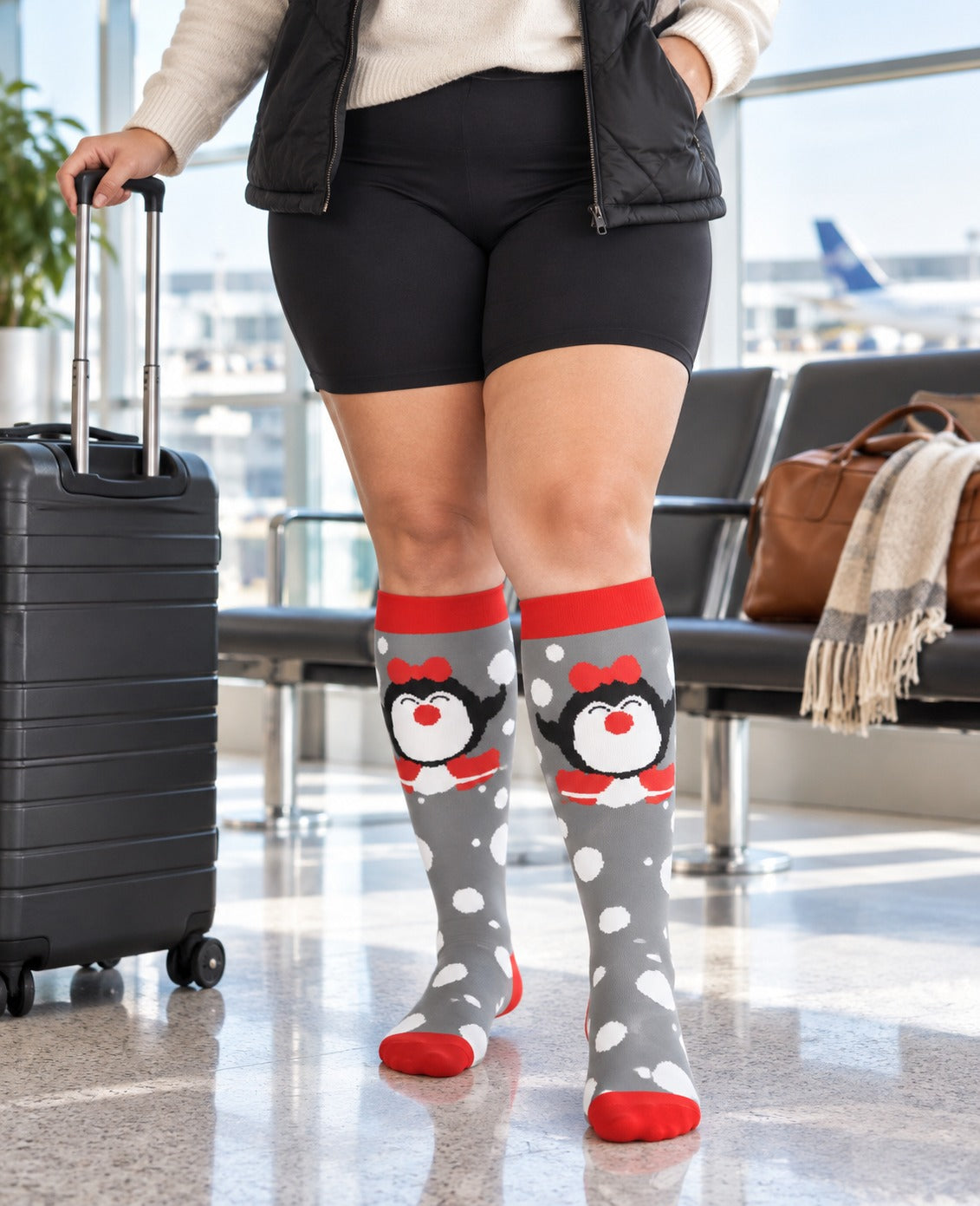 Regular Holiday Compression Socks 6 Pair Set - Christmas Combo 2 Penguin, Snowman and Stripe female travel scene