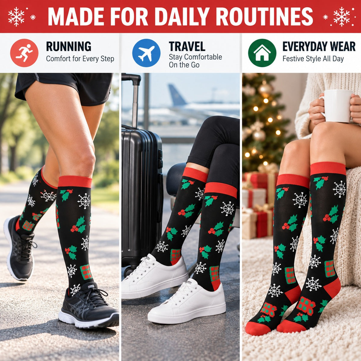Regular Holiday Compression Socks 6 Pair Set - Christmas Combo 2 Penguin, Snowman and Stripe English daily routines explainer