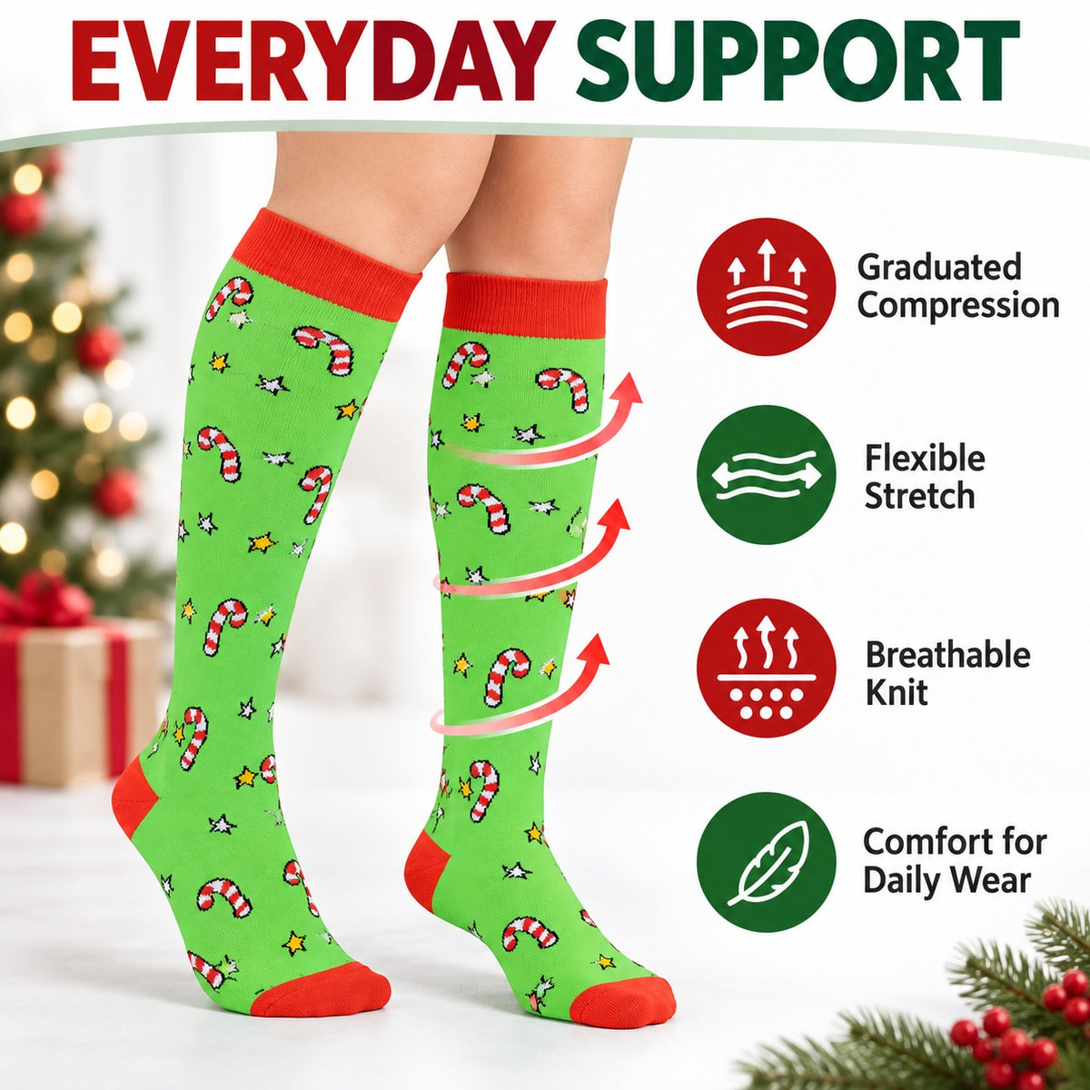 Regular Holiday Compression Socks 6 Pair Set - Christmas Combo 3 Reindeer, Gingerbread and Tree English everyday support explainer