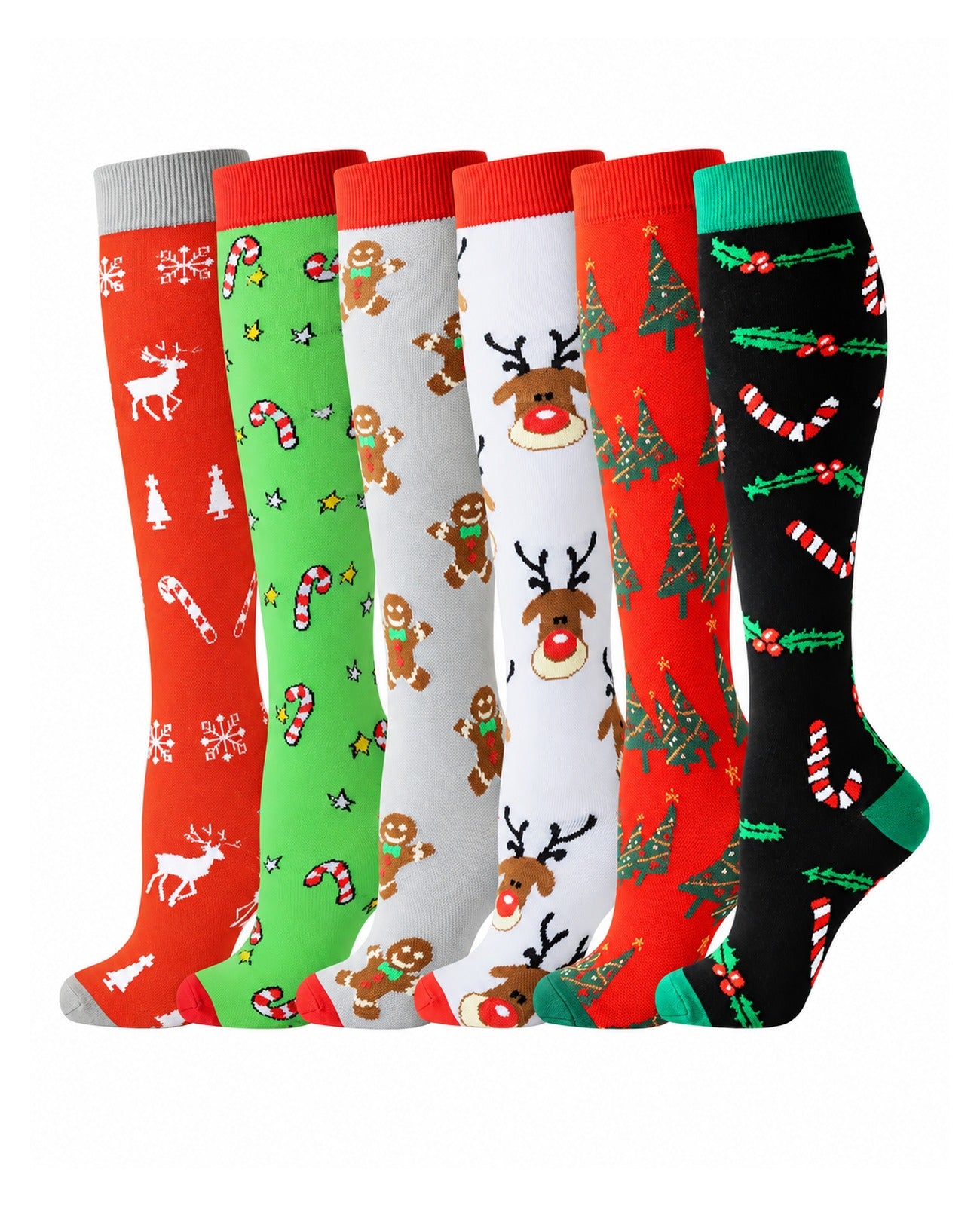 Regular Holiday Compression Socks 6 Pair Set - Christmas Combo 3 Reindeer, Gingerbread and Tree hero
