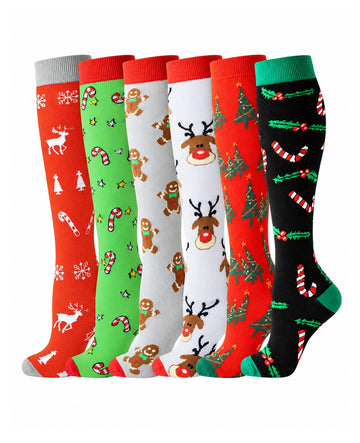 Regular Holiday Compression Socks 6 Pair Set - Christmas Combo 3 Reindeer, Gingerbread and Tree hero