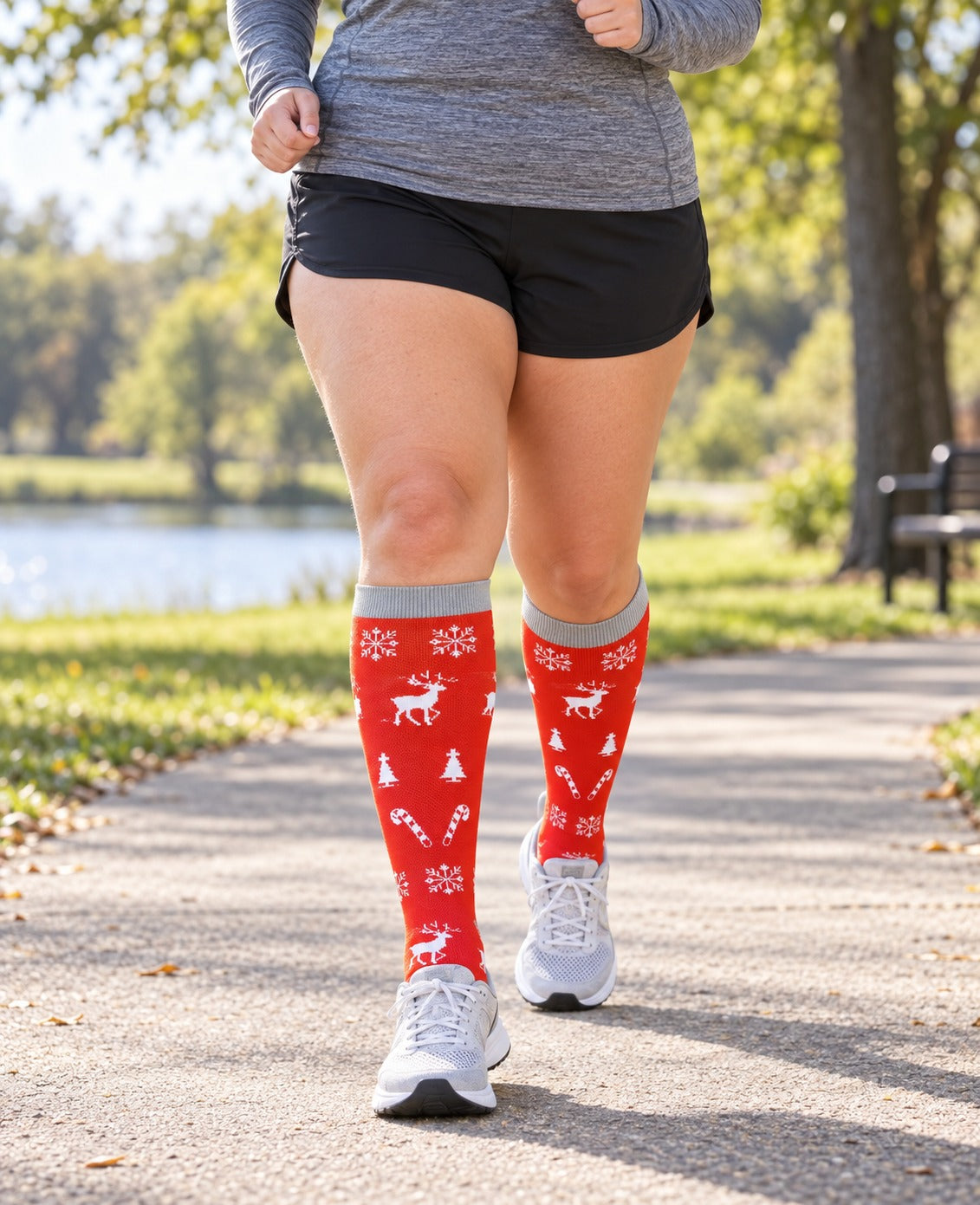 Regular Holiday Compression Socks 6 Pair Set - Christmas Combo 3 Reindeer, Gingerbread and Tree female running scene