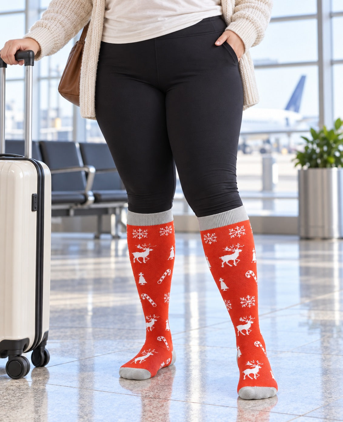 Regular Holiday Compression Socks 6 Pair Set - Christmas Combo 3 Reindeer, Gingerbread and Tree female travel scene