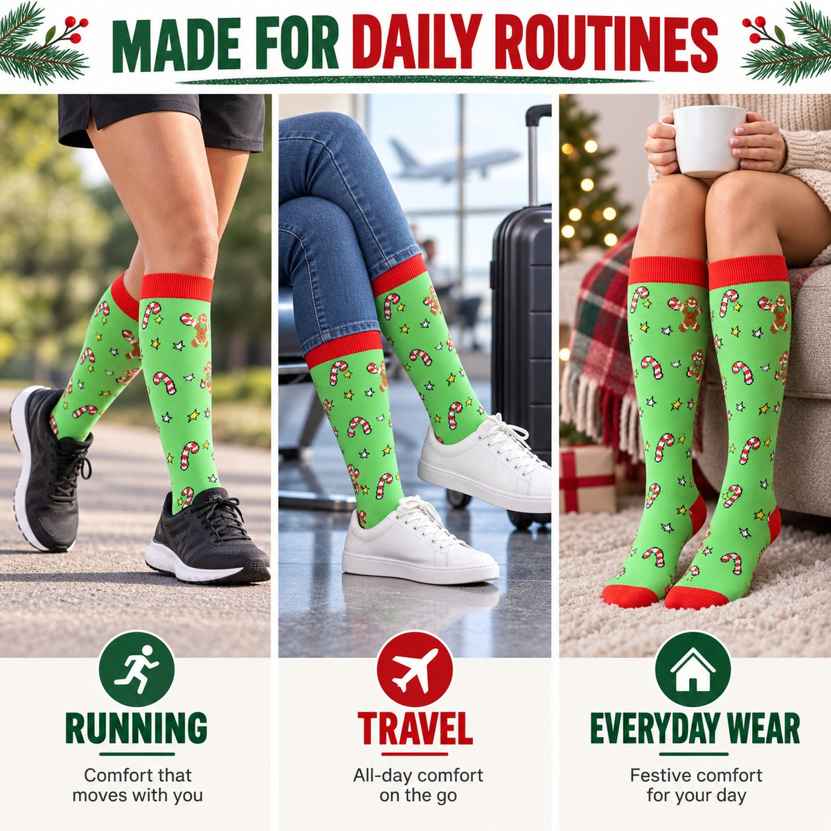 Regular Holiday Compression Socks 6 Pair Set - Christmas Combo 3 Reindeer, Gingerbread and Tree English daily routines explainer