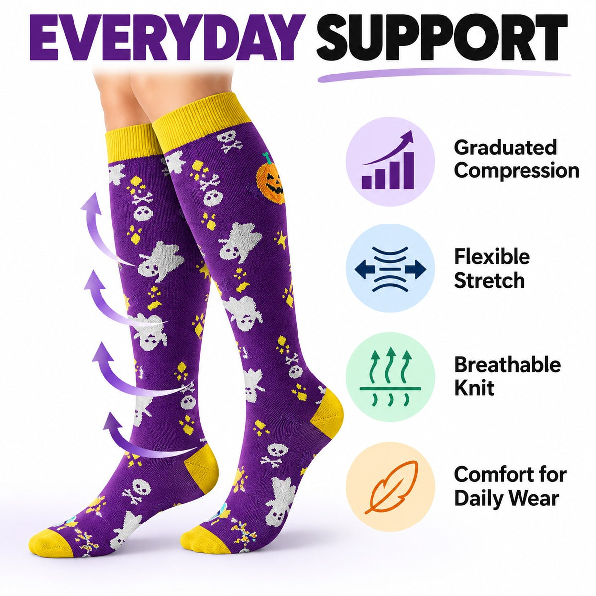 Regular Holiday Compression Socks 6 Pair Set - Halloween Combo 1 Ghost, Bat and Pumpkin English everyday support explainer
