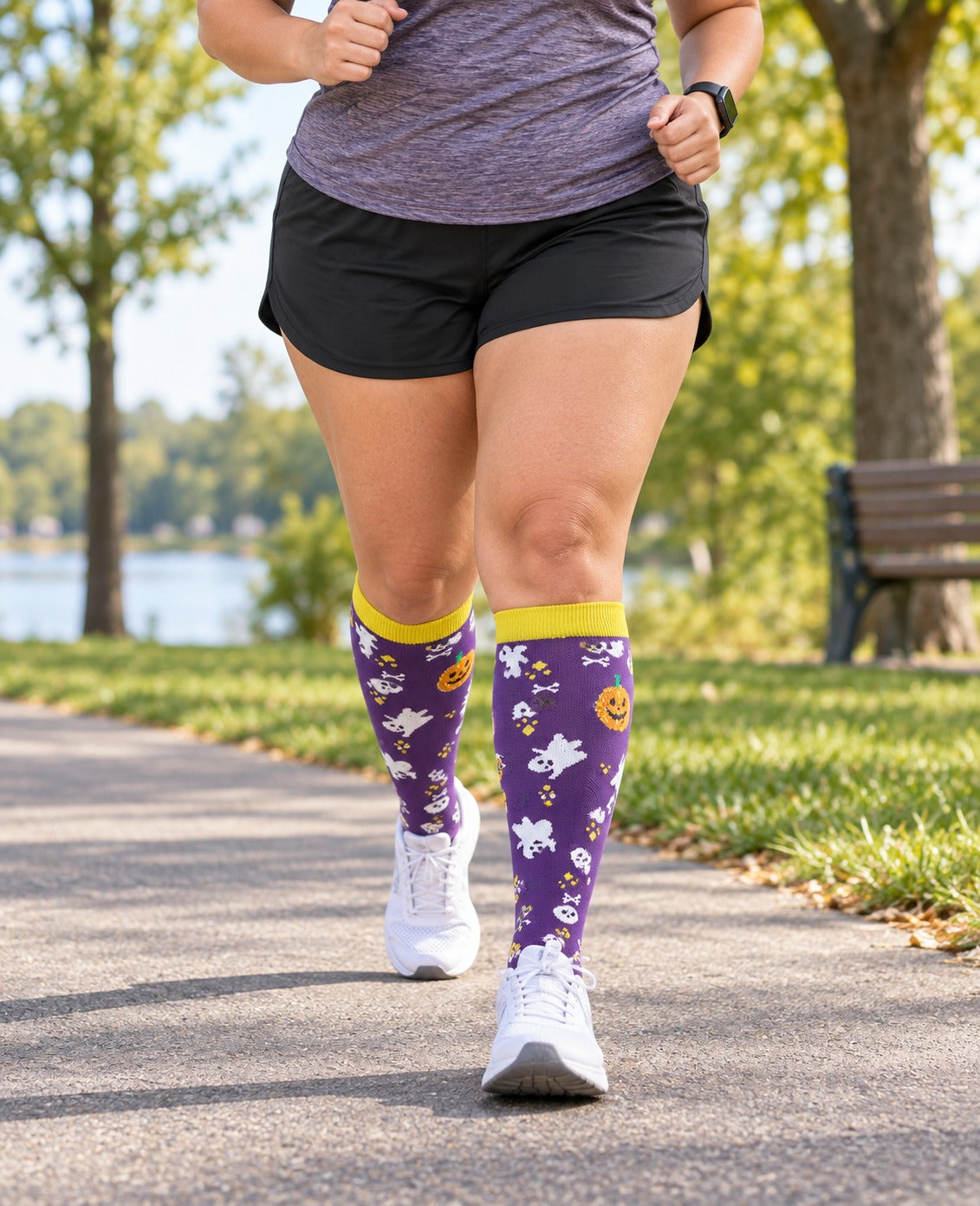 Regular Holiday Compression Socks 6 Pair Set - Halloween Combo 1 Ghost, Bat and Pumpkin female running scene