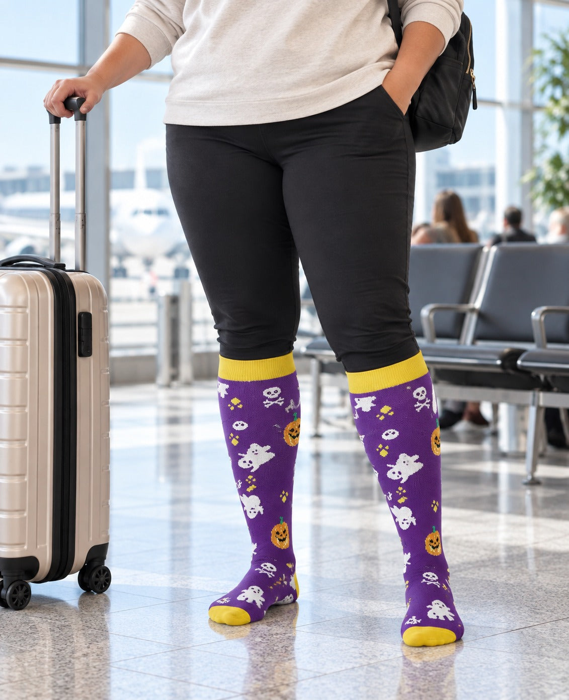 Regular Holiday Compression Socks 6 Pair Set - Halloween Combo 1 Ghost, Bat and Pumpkin female travel scene