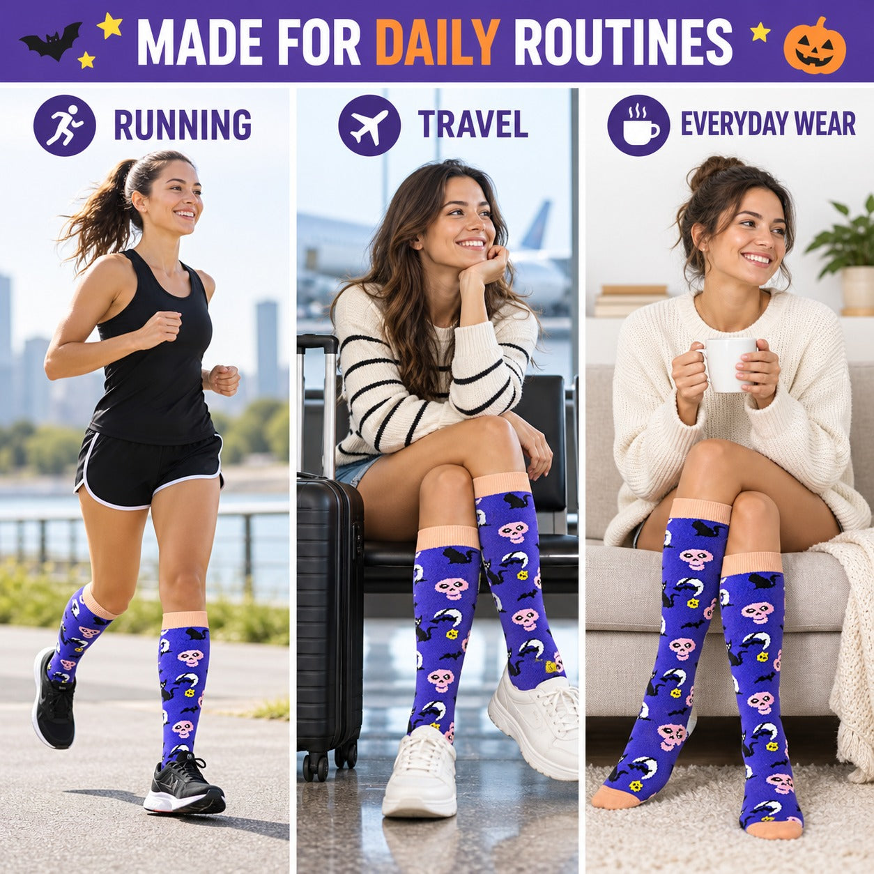 Regular Holiday Compression Socks 6 Pair Set - Halloween Combo 1 Ghost, Bat and Pumpkin English daily routines explainer