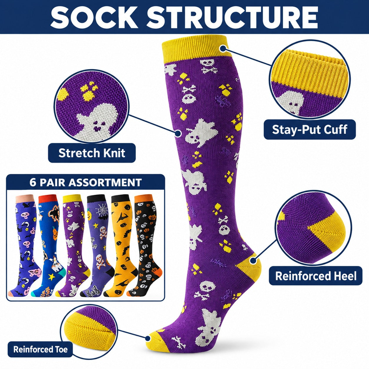 Regular Holiday Compression Socks 6 Pair Set - Halloween Combo 1 Ghost, Bat and Pumpkin English sock structure explainer