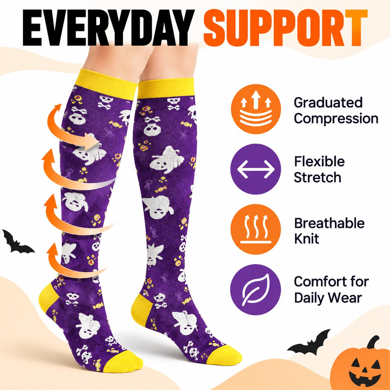 Regular Holiday Compression Socks 6 Pair Set - Halloween Combo 2 Skull, Ghost and Bat English everyday support explainer