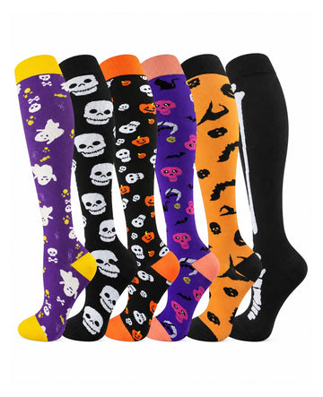 Regular Holiday Compression Socks 6 Pair Set - Halloween Combo 2 Skull, Ghost and Bat hero
