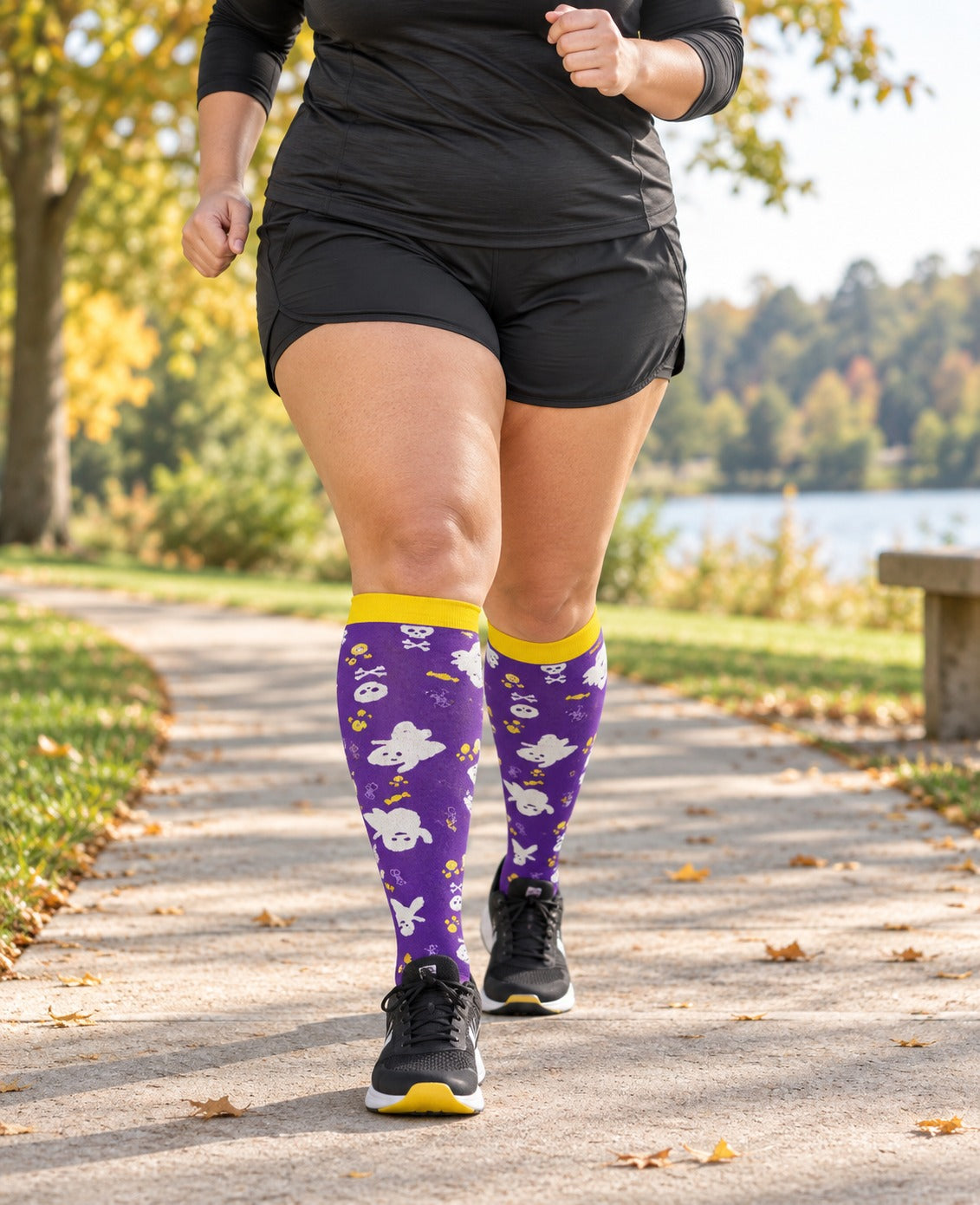 Regular Holiday Compression Socks 6 Pair Set - Halloween Combo 2 Skull, Ghost and Bat female running scene