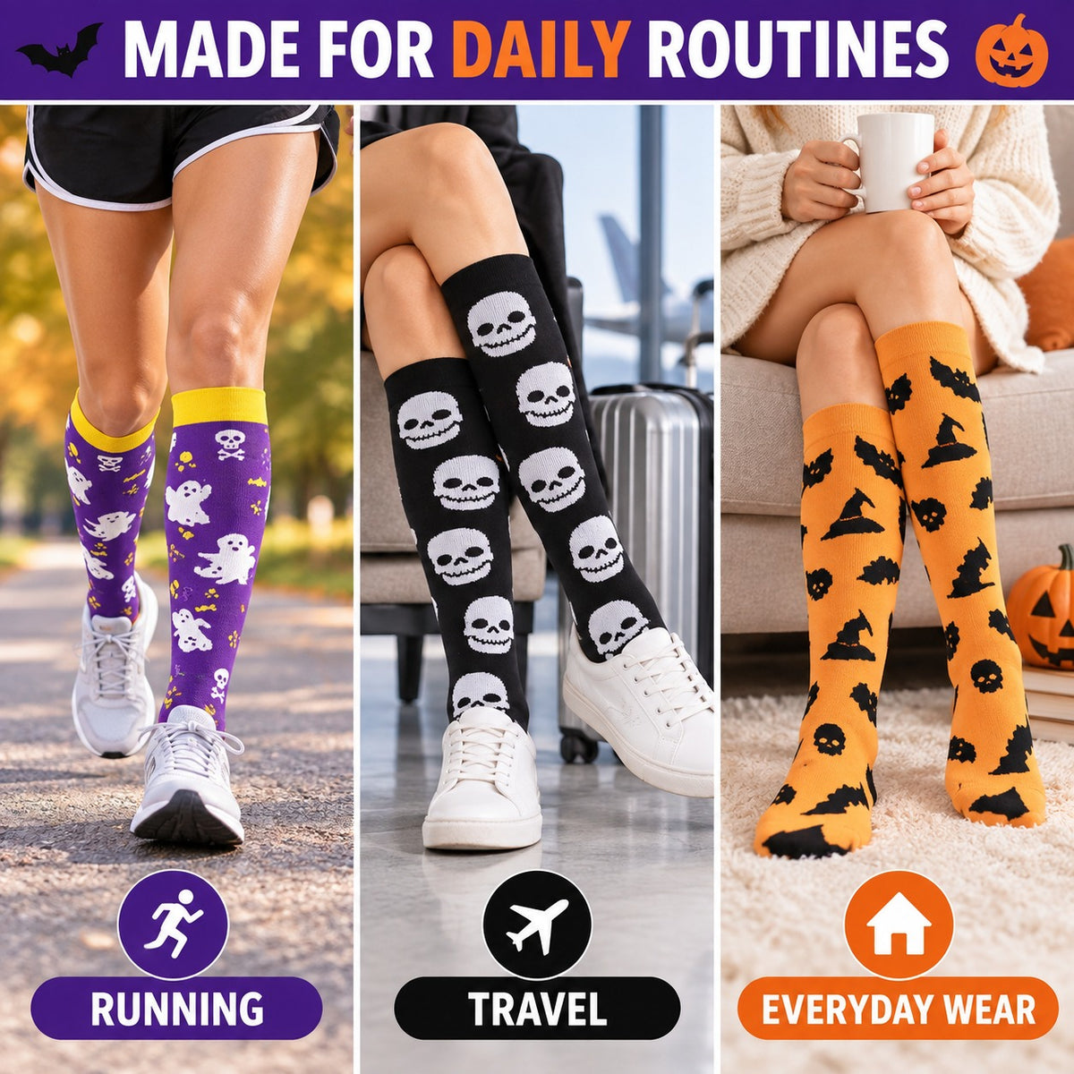 Regular Holiday Compression Socks 6 Pair Set - Halloween Combo 2 Skull, Ghost and Bat English daily routines explainer