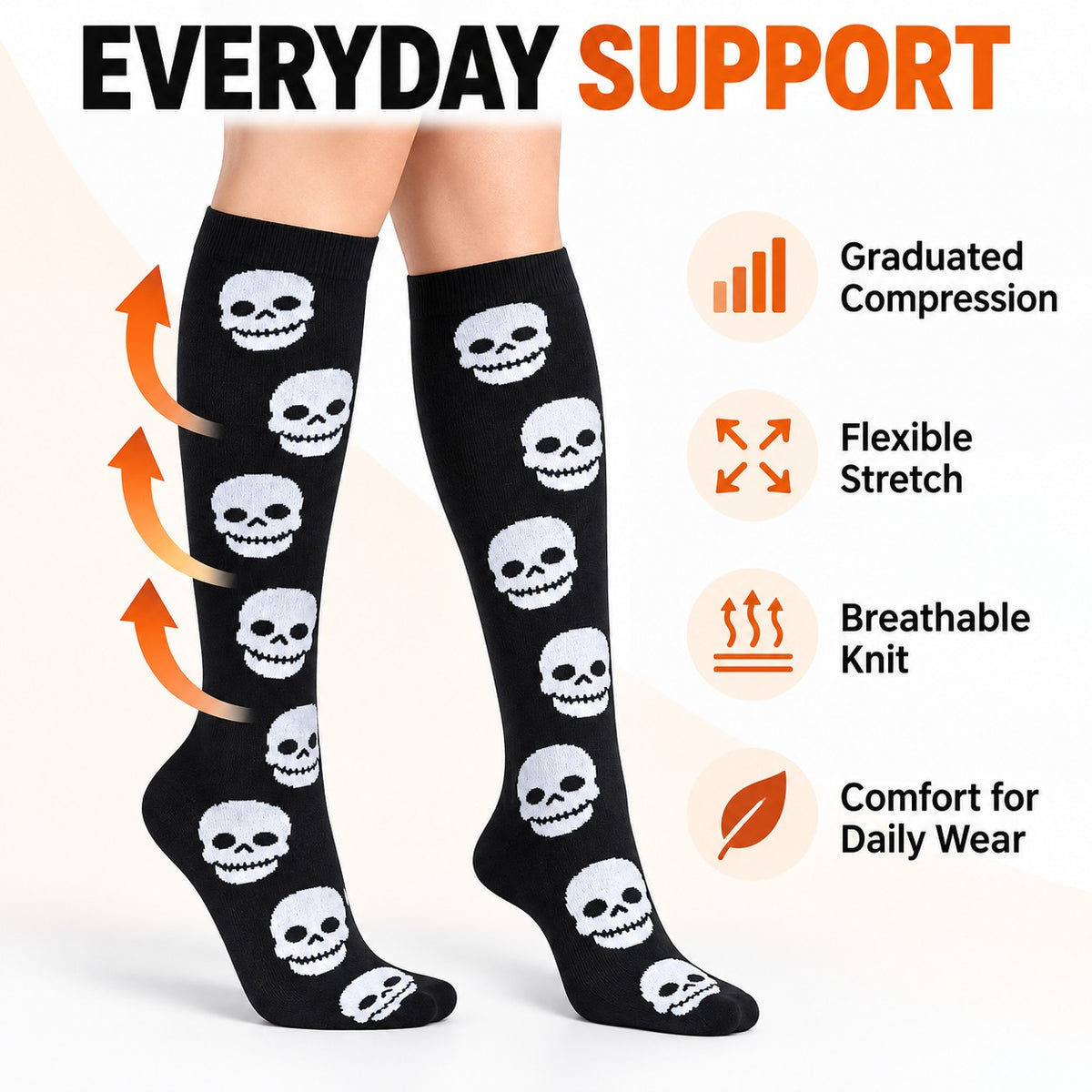 Regular Holiday Compression Socks 6 Pair Set - Halloween Combo 3 Pixel Ghost, Skull and Skeleton English everyday support explainer