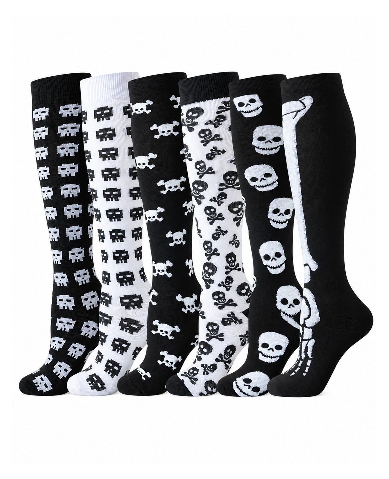 Regular Holiday Compression Socks 6 Pair Set - Halloween Combo 3 Pixel Ghost, Skull and Skeleton hero