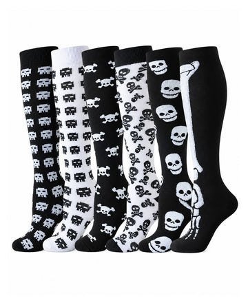 Regular Holiday Compression Socks 6 Pair Set - Halloween Combo 3 Pixel Ghost, Skull and Skeleton hero