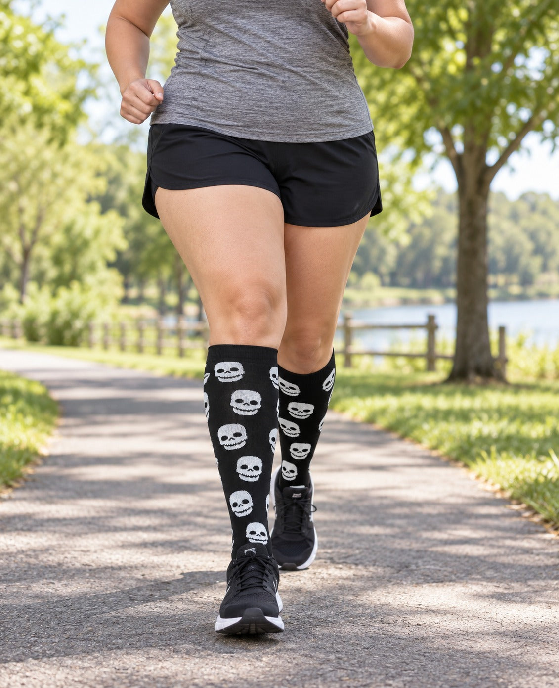 Regular Holiday Compression Socks 6 Pair Set - Halloween Combo 3 Pixel Ghost, Skull and Skeleton female running scene