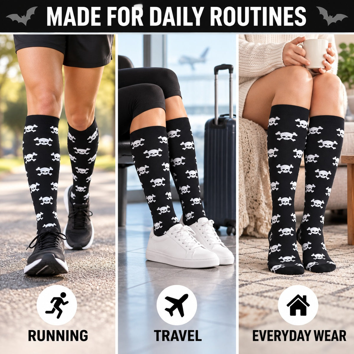 Regular Holiday Compression Socks 6 Pair Set - Halloween Combo 3 Pixel Ghost, Skull and Skeleton English daily routines explainer