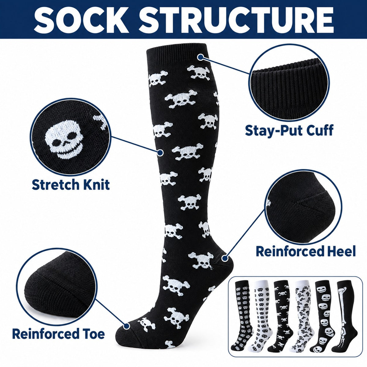 Regular Holiday Compression Socks 6 Pair Set - Halloween Combo 3 Pixel Ghost, Skull and Skeleton English sock structure explainer