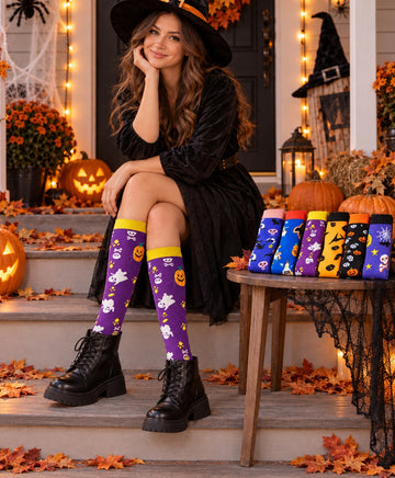 Regular Holiday Compression Socks 6 Pair Set - Halloween Combo 1 Ghost, Bat and Pumpkin worn in a Halloween cosplay lifestyle scene