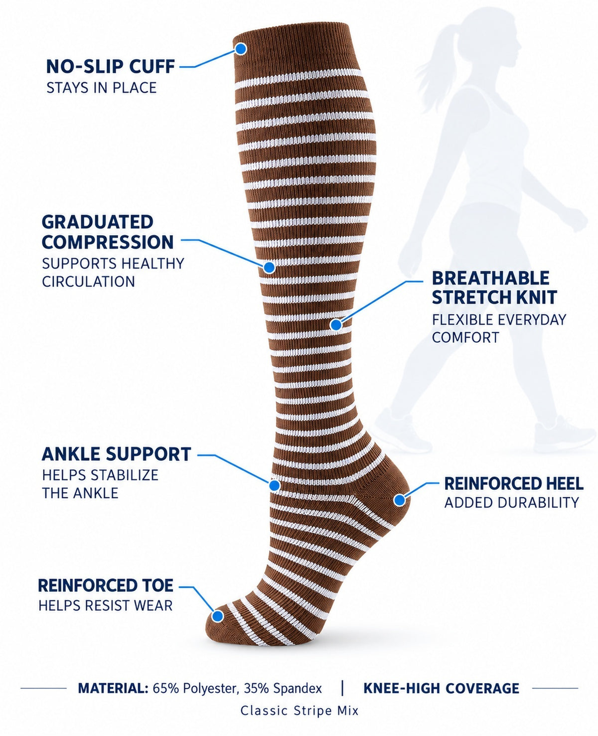 Patterned Compression Socks Knee High 6 Pair Set - Classic Stripe Mix approved structure and function
