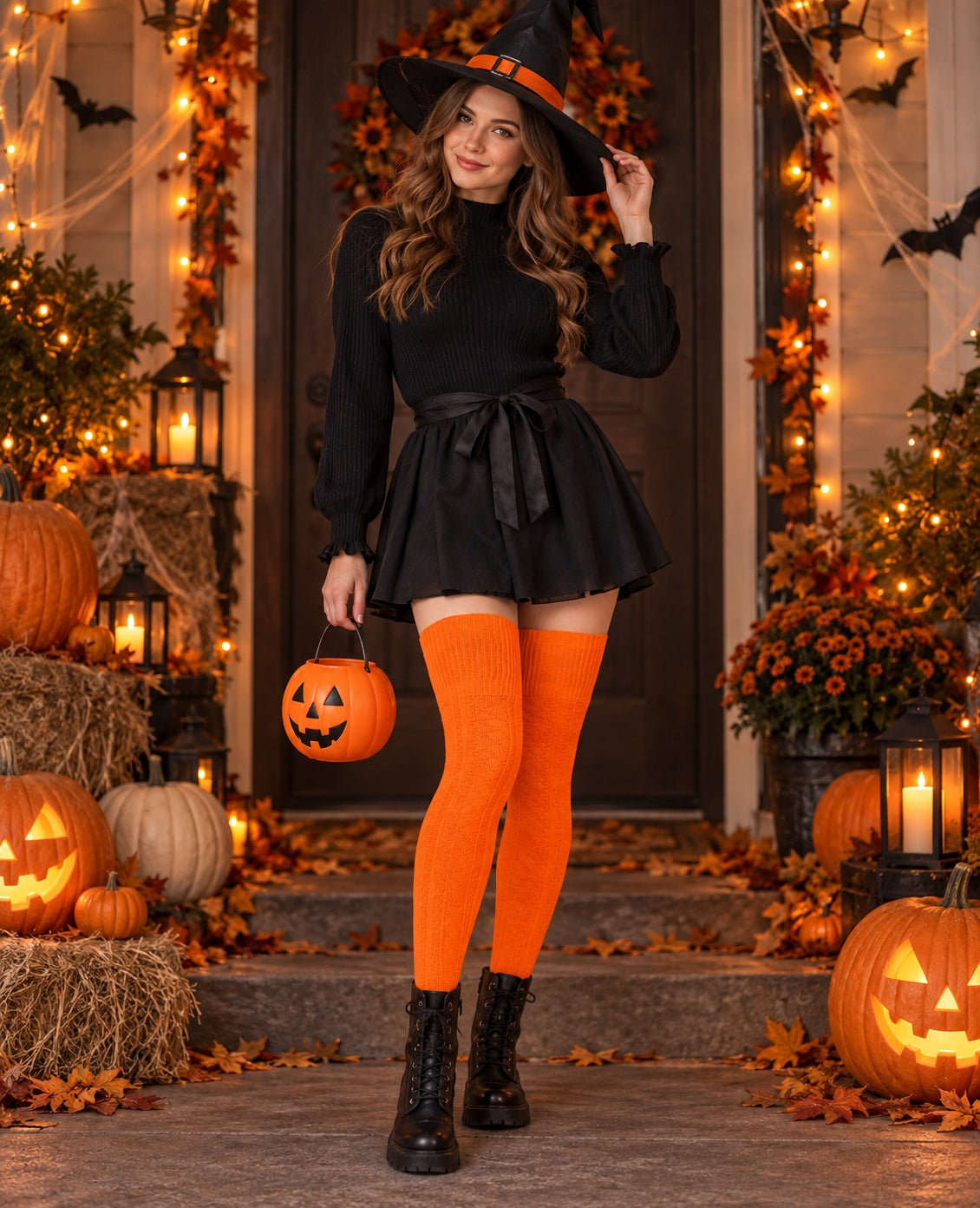 Thigh High Socks Boot Sock Women-Halloween Pumpkin worn in a Halloween cosplay lifestyle scene