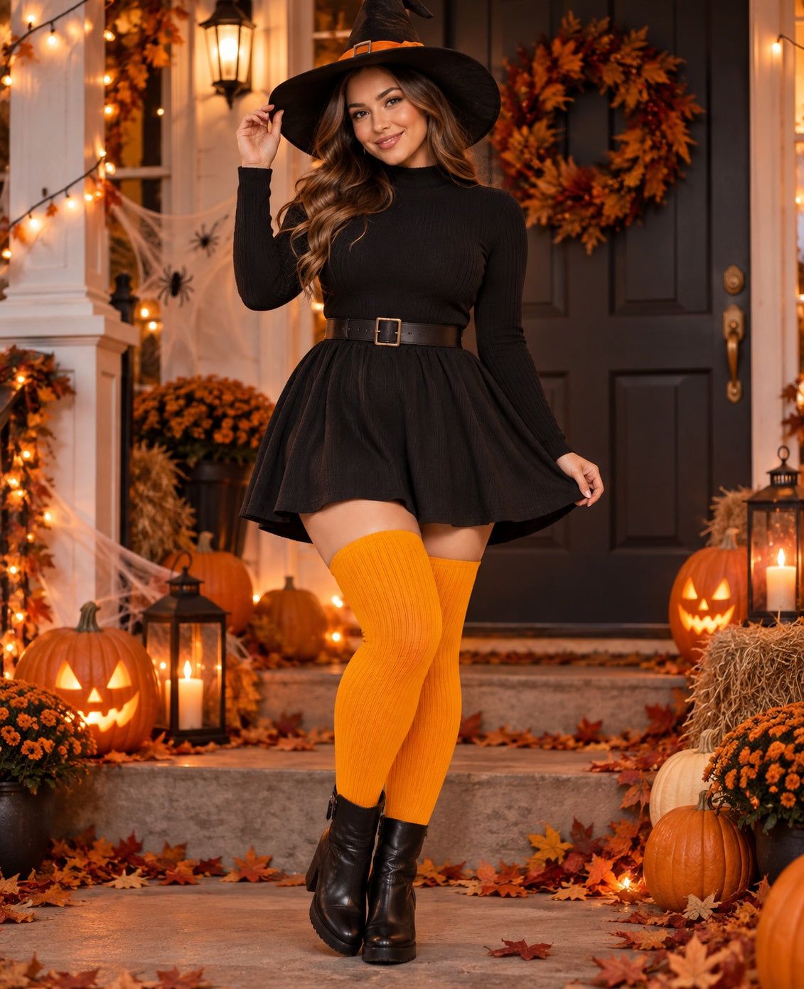 Women Knit Cotton Over the Knee High Socks - Pumpkin worn in a Halloween cosplay lifestyle scene