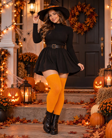 Women Knit Cotton Over the Knee High Socks - Pumpkin worn in a Halloween cosplay lifestyle scene