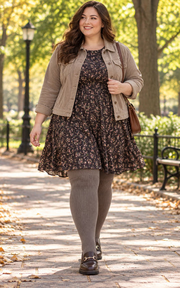 Women's plus size Bean Paste thigh high socks reaching the upper thigh in a lifestyle model scene 1