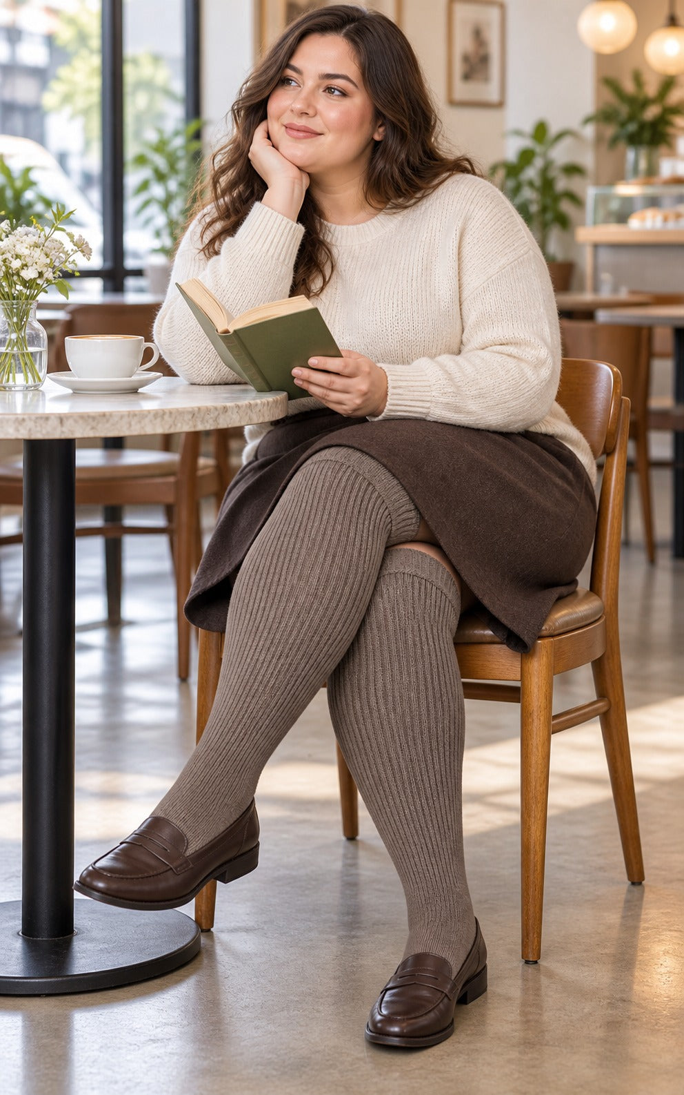 Women's plus size Bean Paste thigh high socks reaching the upper thigh in a lifestyle model scene 2