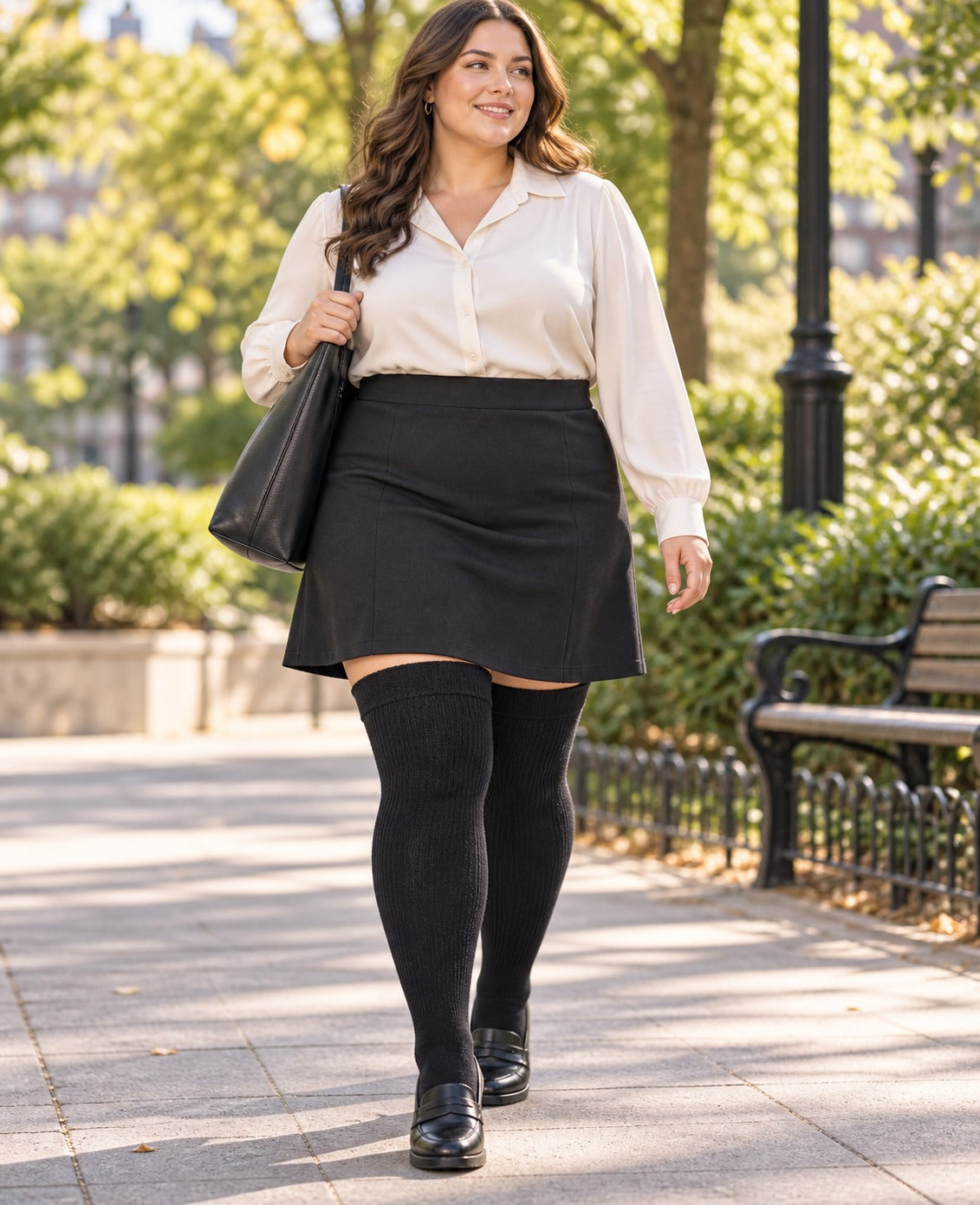 Women's plus size Class Black thigh high socks reaching the upper thigh in a lifestyle model scene 1