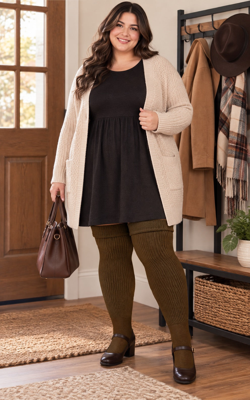 Women's plus size Coffee thigh high socks reaching the upper thigh in a lifestyle model scene 2