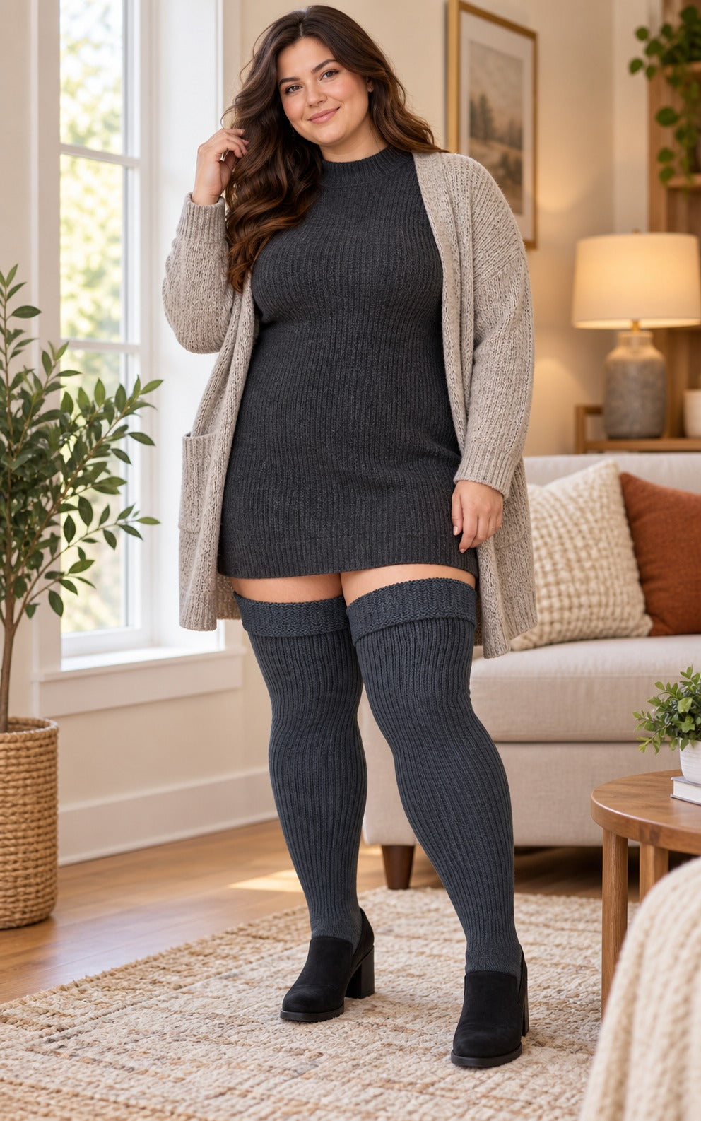 Women's plus size Dark Grey thigh high socks reaching the upper thigh in a lifestyle model scene 2
