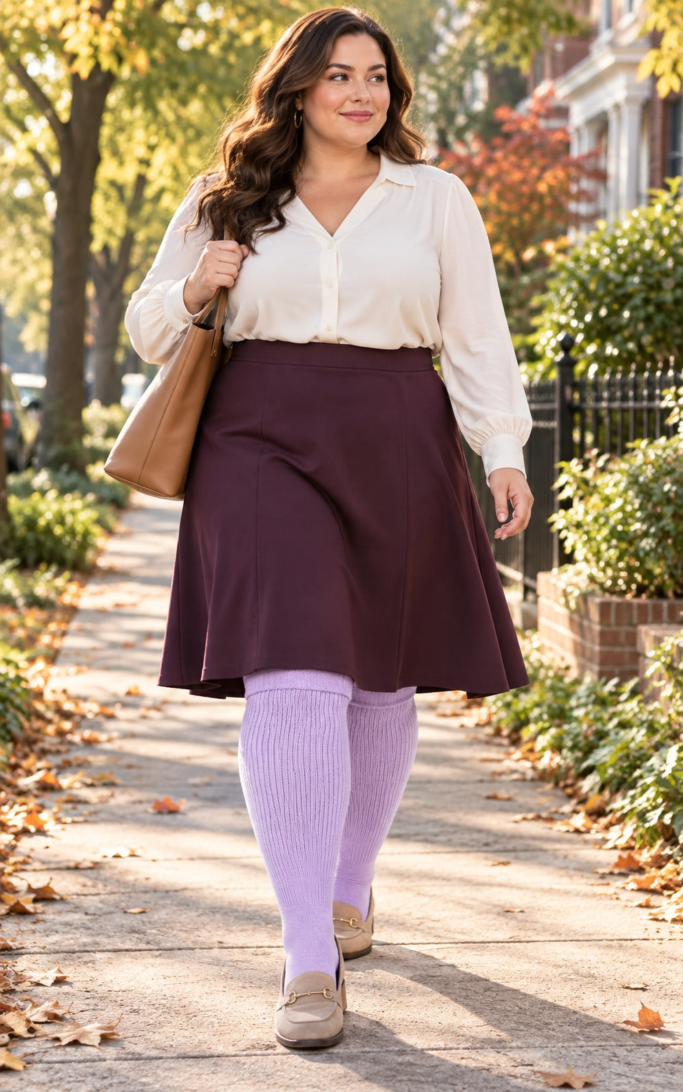 Women's plus size Lavender thigh high socks reaching the upper thigh in a lifestyle model scene 1