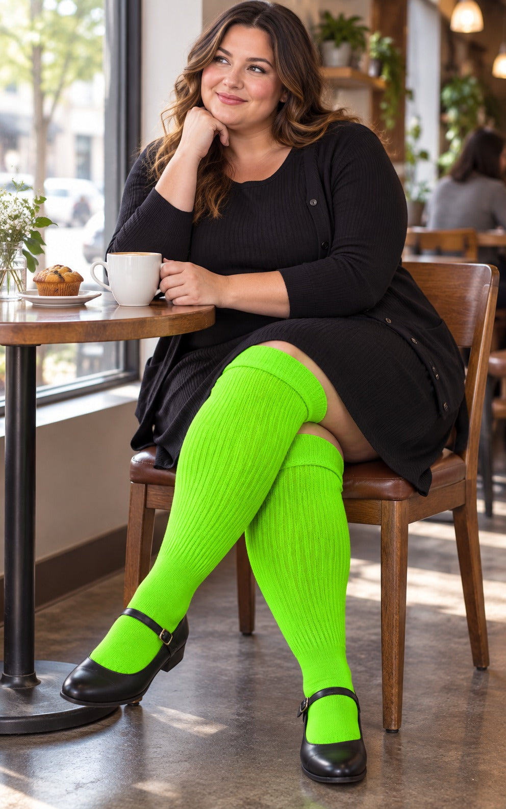 Women's plus size Neon Green thigh high socks reaching the upper thigh in a lifestyle model scene 2