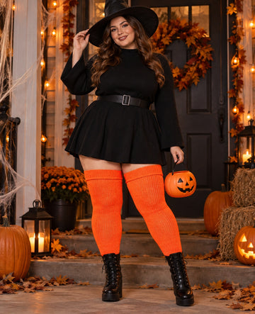Womens Plus Size Thigh High Socks-Neon Orange worn in a Halloween cosplay lifestyle scene