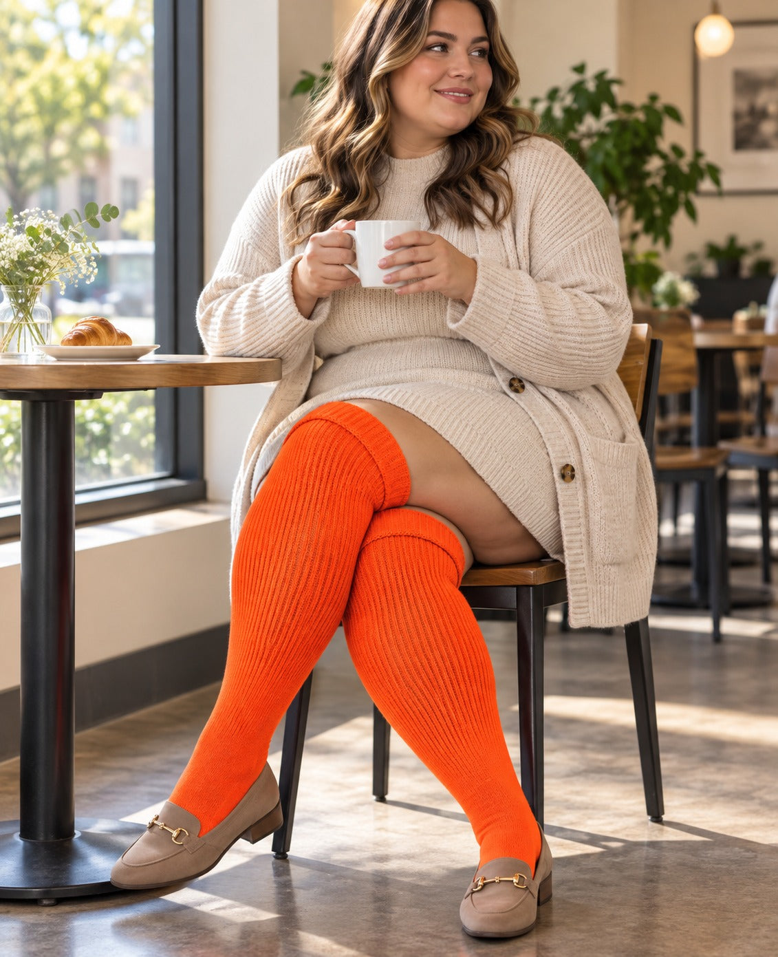 Women's plus size Neon Orange thigh high socks reaching the upper thigh in a lifestyle model scene 2