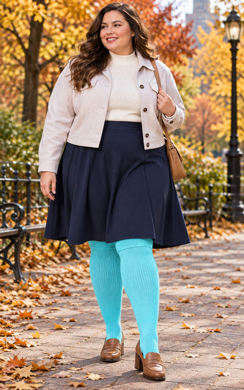 Women's plus size Pastel Blue thigh high socks reaching the upper thigh in a lifestyle model scene 1