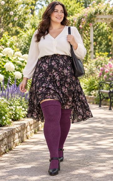 Women's plus size Purple Red thigh high socks reaching the upper thigh in a lifestyle model scene 1