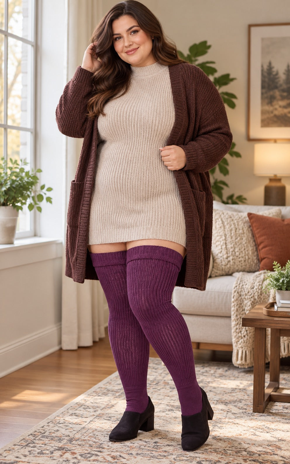 Women's plus size Purple Red thigh high socks reaching the upper thigh in a lifestyle model scene 2