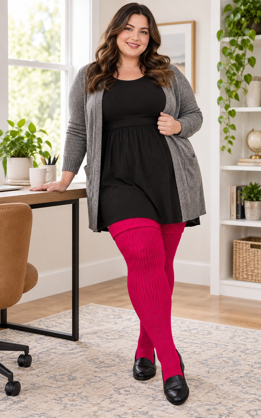 Women's plus size Red Plum thigh high socks reaching the upper thigh in a lifestyle model scene 2