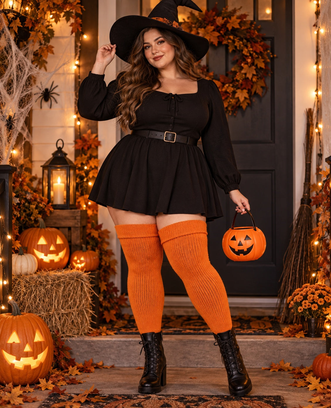 Womens Plus Size Thigh High Socks-Rusty Pumpkin worn in a Halloween cosplay lifestyle scene