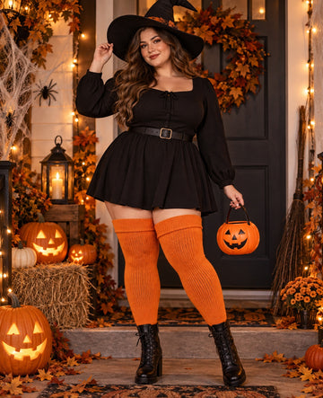 Womens Plus Size Thigh High Socks-Rusty Pumpkin worn in a Halloween cosplay lifestyle scene