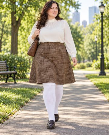 Women's plus size Snow White thigh high socks reaching the upper thigh in a lifestyle model scene 1