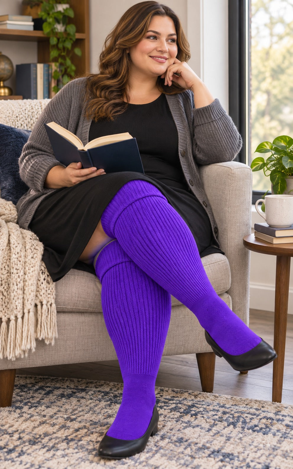 Women's plus size Violet Purple thigh high socks reaching the upper thigh in a lifestyle model scene 2