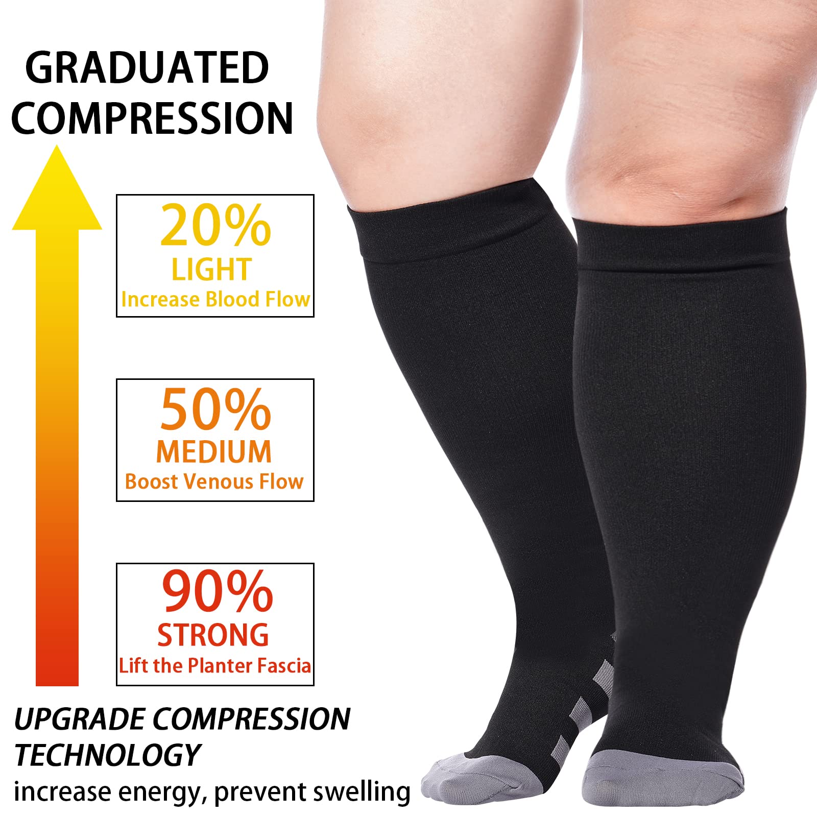 3 Pairs Plus Size Knee High Compression Socks for Women & Men-Black - Moon Wood