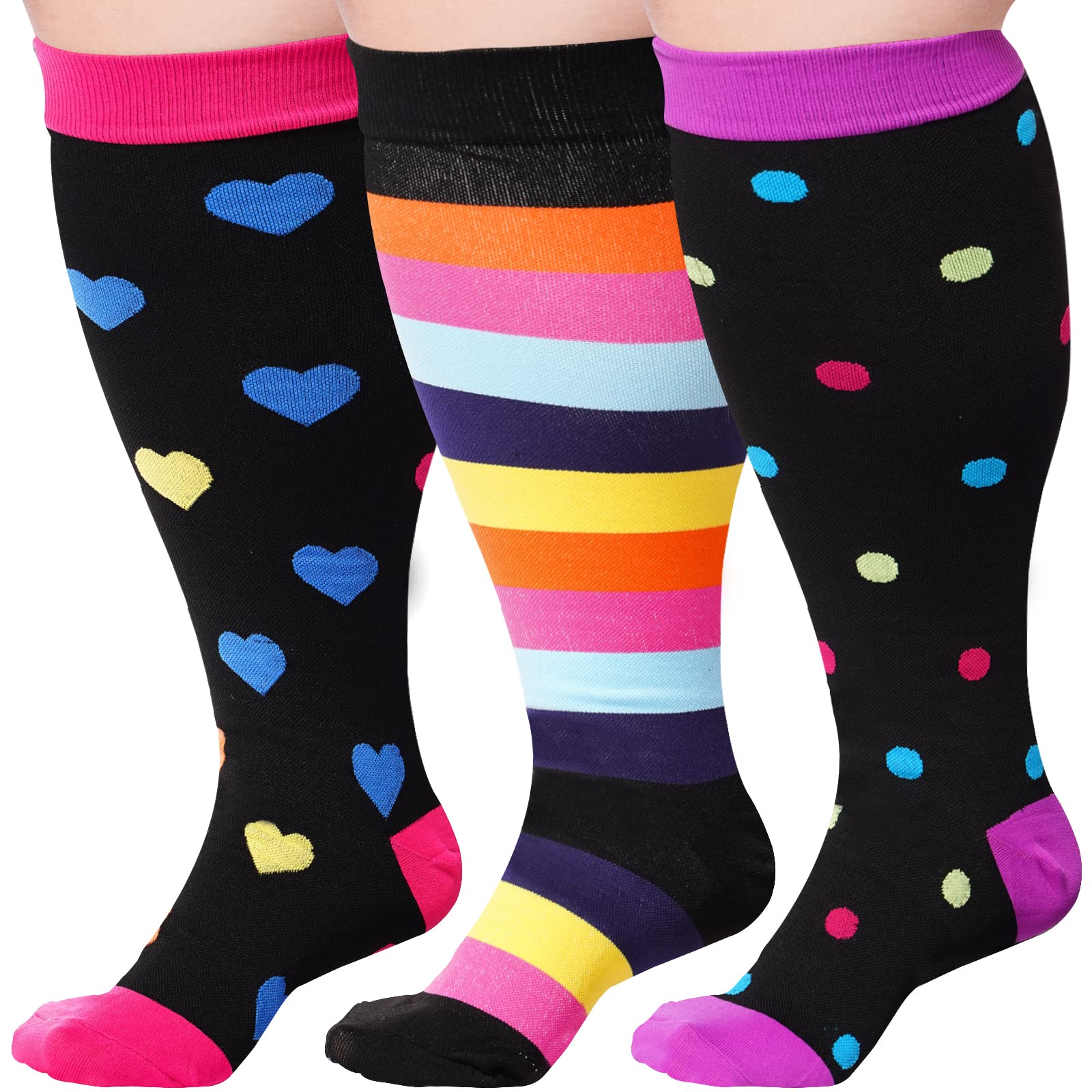 3 Pairs Plus Size Knee High Compression Socks for Women & Men-Love,rainbow,polka dot - Moon Wood